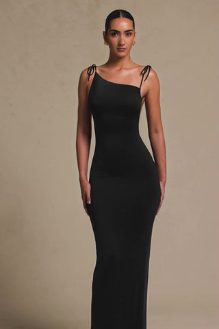 Ruched Backless Maxi Dress in Black