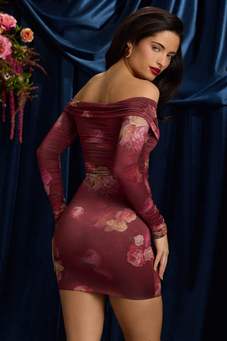 Off-Shoulder Ruched Bodycon Mini Dress in Maroon Floral Print