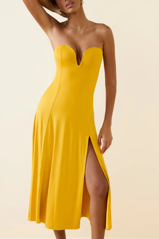Slinky Jersey Strapless A-Line Midaxi Dress in Golden Yellow