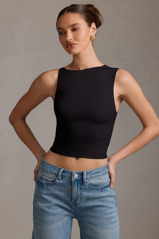 Asymmetric Ruched Tank Top in Black