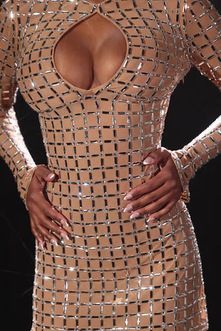 Embellished Cut-Out Mini Dress in Almond