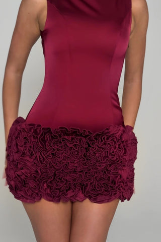 Appliqué Open-Back Mini Dress in Wine Red