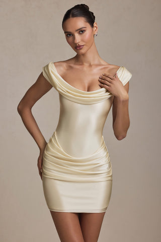 Off-Shoulder Draped Mini Dress in Ivory