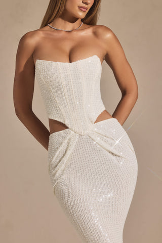 Embellished Cut-Out Draped Corset Gown in White