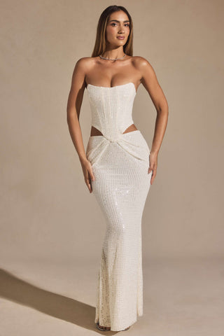 Embellished Cut-Out Draped Corset Gown in White