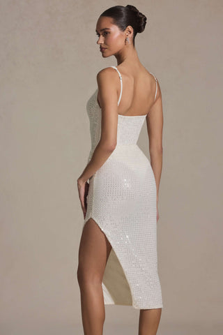 Embellished Draped Midaxi Dress in White