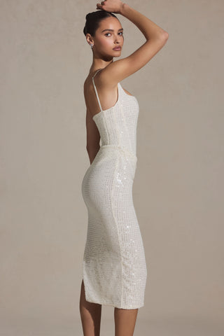 Embellished Draped Midaxi Dress in White