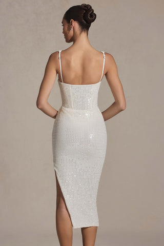 Embellished Draped Midaxi Dress in White