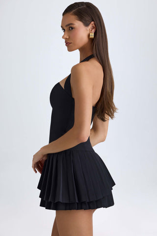 Asymmetric Layered Halterneck Mini Dress in Black