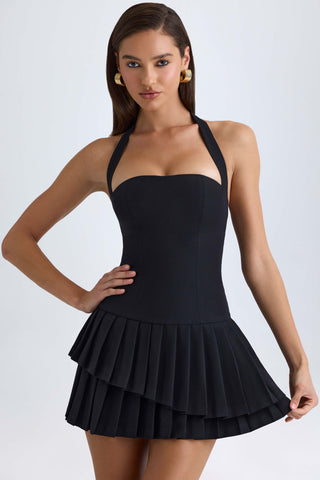 Asymmetric Layered Halterneck Mini Dress in Black