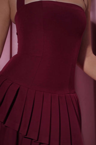 Asymmetric Layered Halterneck Mini Dress in Wine Red