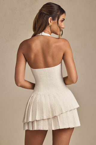 Asymmetric Layered Halterneck Mini Dress in Ivory
