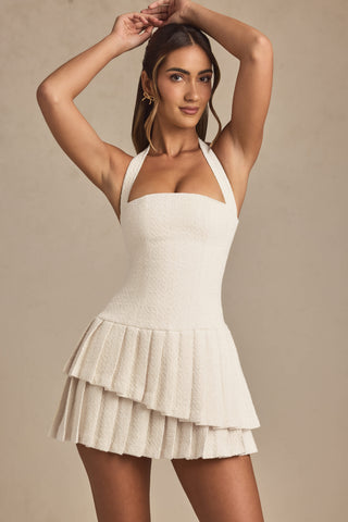 Asymmetric Layered Halterneck Mini Dress in Ivory