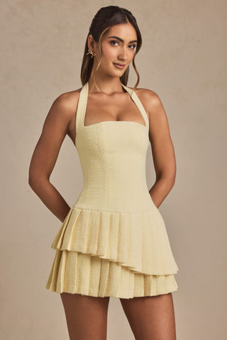 Asymmetric Layered Halterneck Mini Dress in Pastel Yellow
