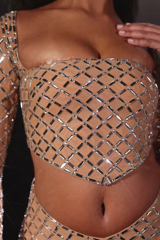 Embellished Asymmetric Mid-Rise Mini Skirt in Almond