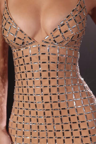 Embellished Plunge Mini Dress in Almond