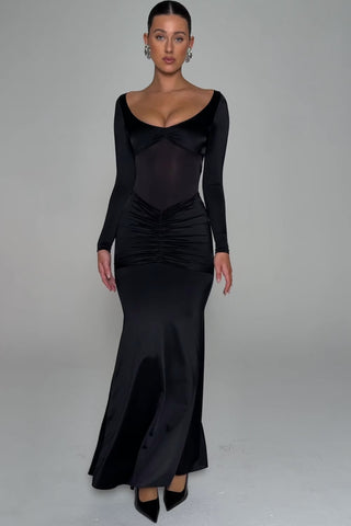 Bow-Detail Ruched Maxi Dress in Black