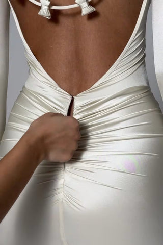 Bow-Detail Ruched Maxi Dress in Ivory