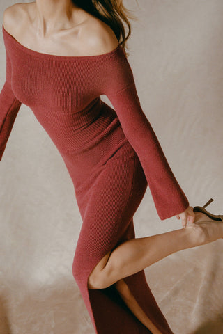 Ribbed-Knit Off-Shoulder Maxi Dress in Brick Red