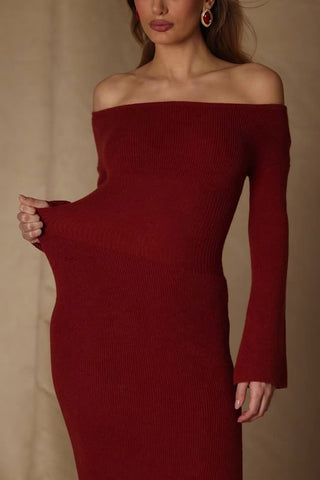 Ribbed-Knit Off-Shoulder Maxi Dress in Brick Red