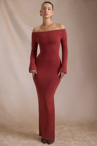 Ribbed-Knit Off-Shoulder Maxi Dress in Brick Red