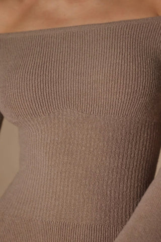 Ribbed-Knit Off-Shoulder Maxi Dress in Taupe