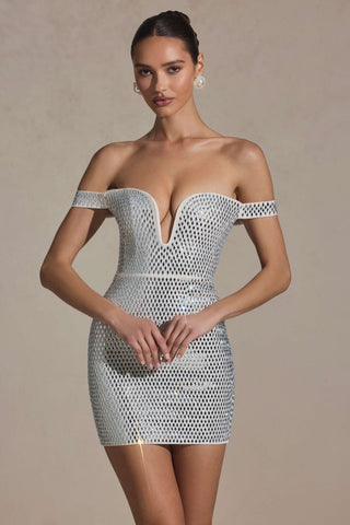 Embellished Off-Shoulder Mini Dress in White