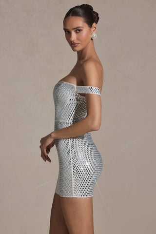 Embellished Off-Shoulder Mini Dress in White