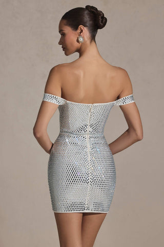Embellished Off-Shoulder Mini Dress in White