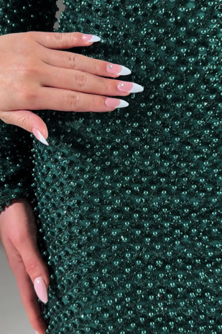 Embellished Cowl-Neck Mini Dress in Teal Green