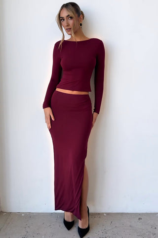 Modal Low-Rise Maxi Skirt in Wine Red