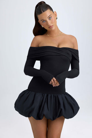 Modal Off-Shoulder Bubble Hem Mini Dress in Black