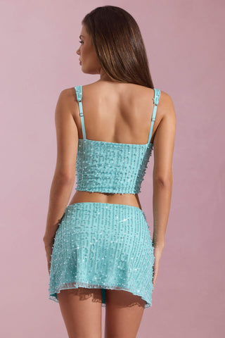 Embellished Low-Rise Mini Skirt in Aqua Blue