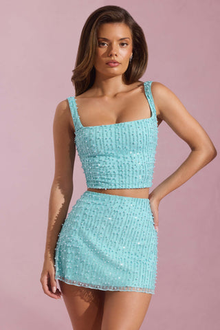 Embellished Low-Rise Mini Skirt in Aqua Blue