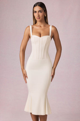 Layered Bra-Detail Fishtail Midaxi Dress in Ivory