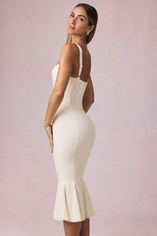 Layered Bra-Detail Fishtail Midaxi Dress in Ivory