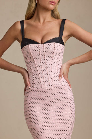 Layered Bra-Detail Fishtail Midaxi Dress in Pink Polka Dot