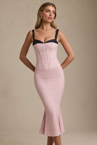 Layered Bra-Detail Fishtail Midaxi Dress in Pink Polka Dot