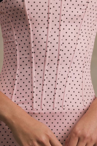 Layered Bra-Detail Fishtail Midaxi Dress in Pink Polka Dot