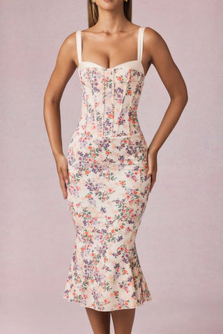 Layered Bra-Detail Fishtail Midaxi Dress in Primrose Floral Print