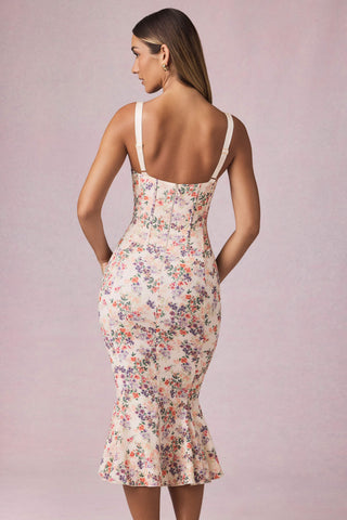 Layered Bra-Detail Fishtail Midaxi Dress in Primrose Floral Print