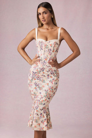 Layered Bra-Detail Fishtail Midaxi Dress in Primrose Floral Print