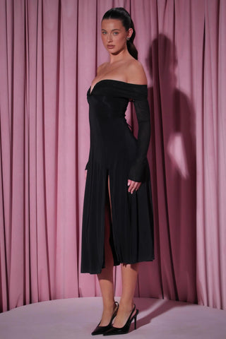 Off-Shoulder Lace-Up A-Line Midaxi Dress in Black