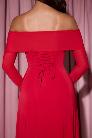 Off-Shoulder Lace-Up A-Line Midaxi Dress in Red