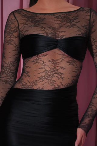 Long-Sleeve Lace-Panel Draped Bodycon Mini Dress in Black