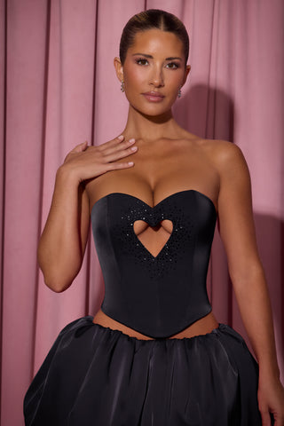 Embellished Heart Cut-Out Strapless Corset Top in Black