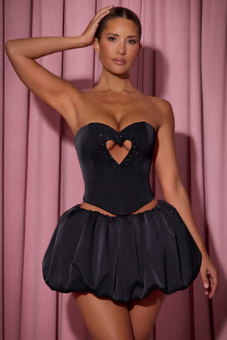 Embellished Heart Cut-Out Strapless Corset Top in Black
