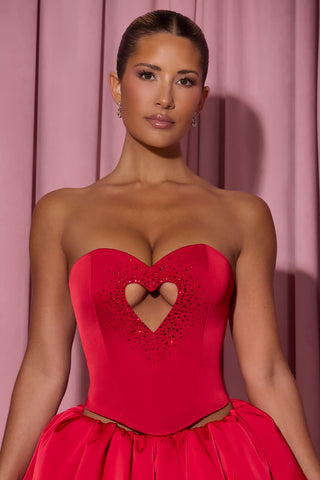 Embellished Heart Cut-Out Strapless Corset Top in Red