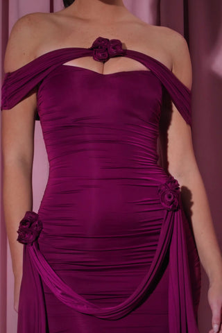 Floral-Detail Off-Shoulder Ruched Bodycon Mini Dress in Plum