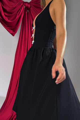 Halterneck Bow-Detail Midi Dress in Black